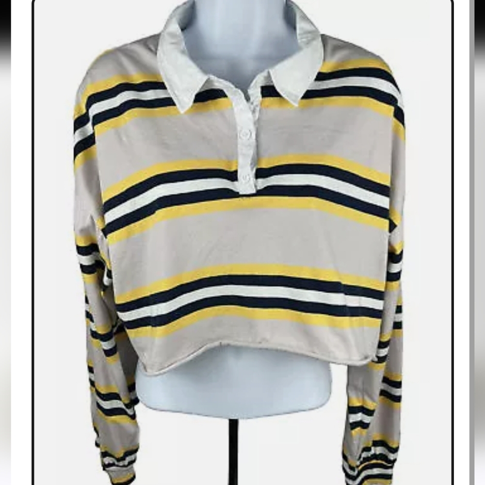 Rue21 Cropped Long Sleeve Yellow Blue White Striped Polo Style Top Size XL